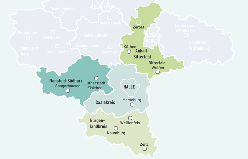 Karte der JTC-Regionen: Halle (Saale), Saalekreis, Mansfeld-Südharz, Anhalt-Bitterfeld, Burgenlandkreis